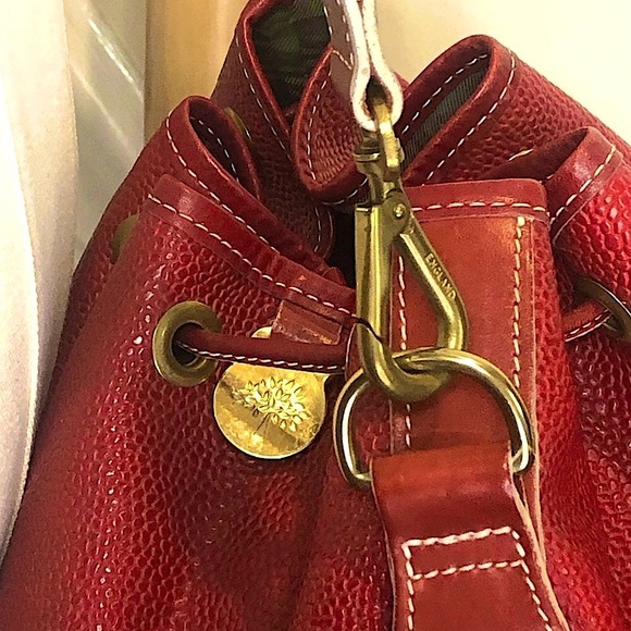 MULBERRY Red Scotchgrain Caviar Leather Drawstring Bucket Crossbody Shoulder Bag - Picture 8 of 17
